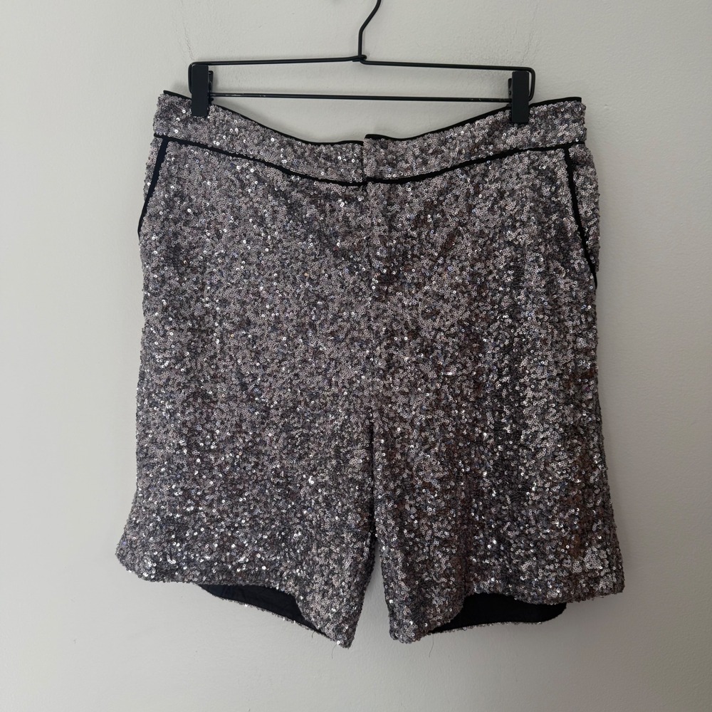 Maeve Anthropologie Silver Sequin Shorts Womens Large High Rise Party OB1832192